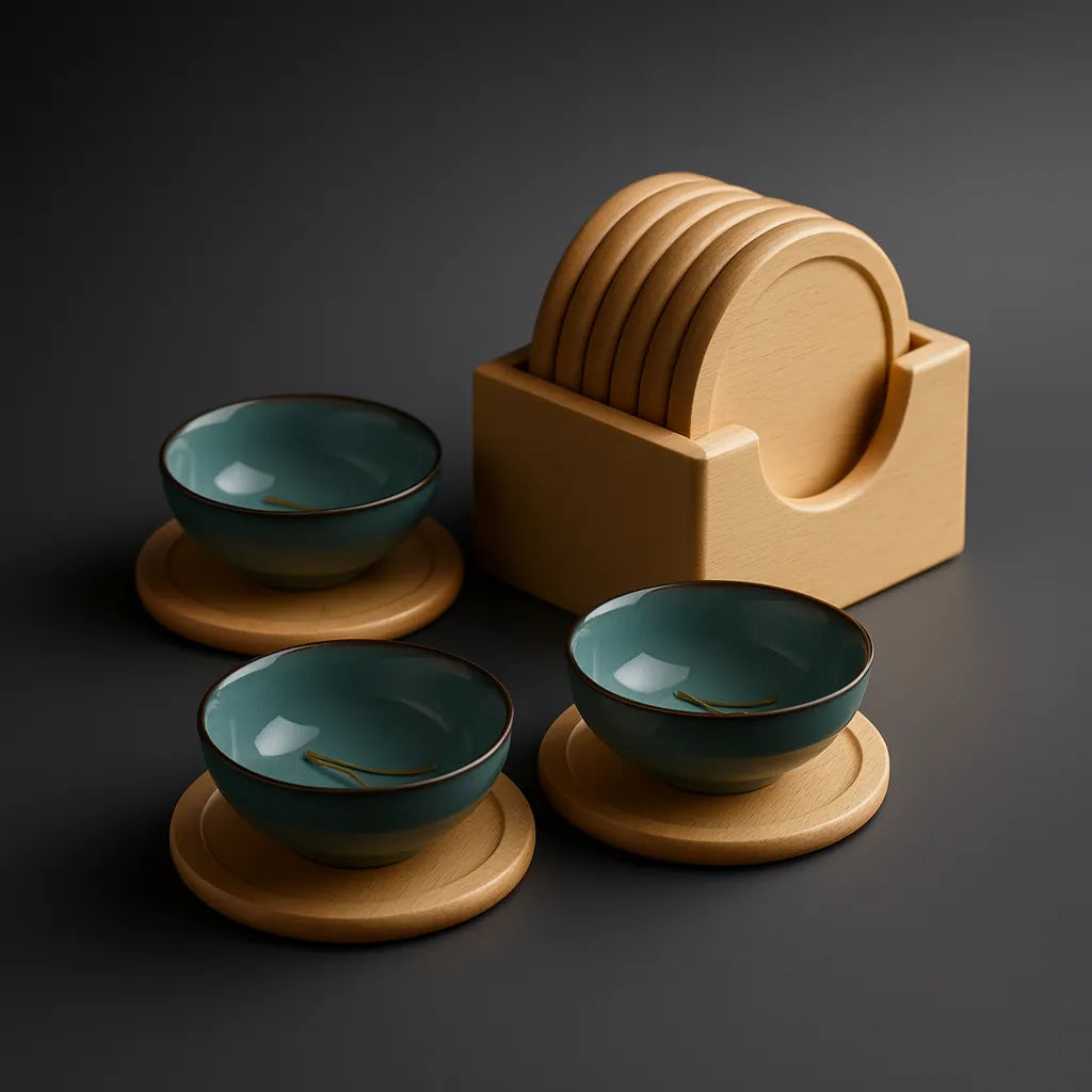 Kit 6 Porta-Copos de Madeira Nogueira Estilo Japonês - Luci Express