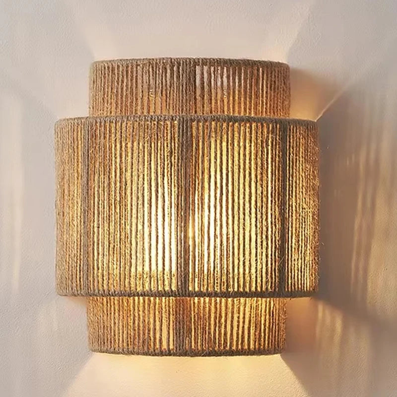 Vintage retro rattan luzes de parede e27 mão tecido corda cânhamo lâmpada parede para cabeceira sala estar corredor escada decoração interior arandela