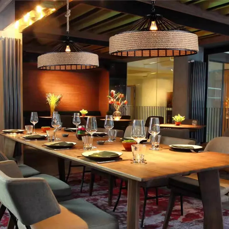 Corda de cânhamo clássica pingente pendurado lâmpada lustre para lustre teto clássico retro antigo ferro industrial sala jantar luz