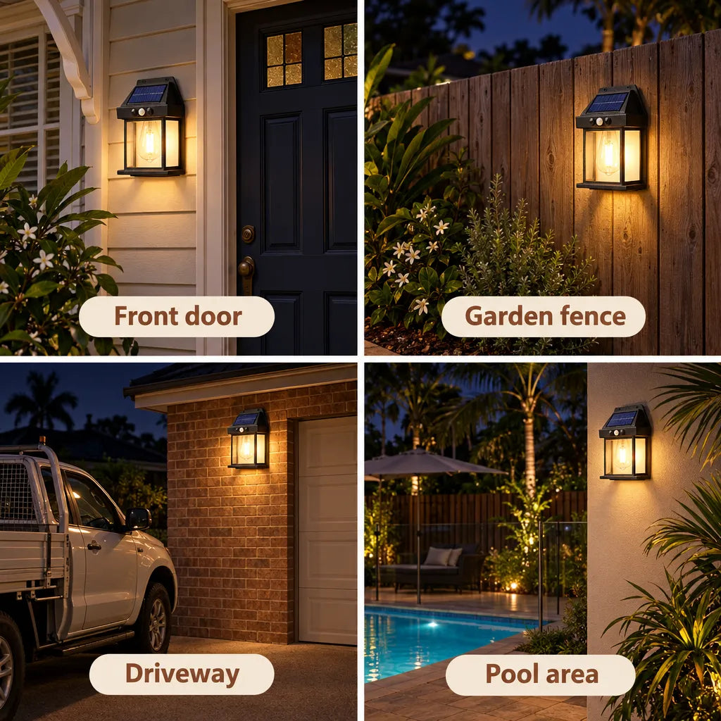 Four photos of the solar wall light in different outdoor spots