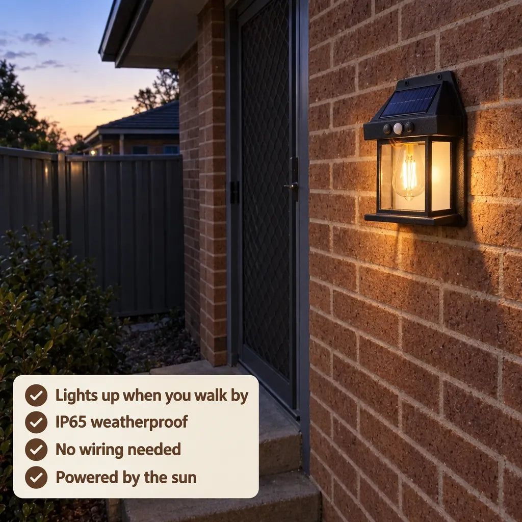 Solar wall light switching on at dusk outside a home