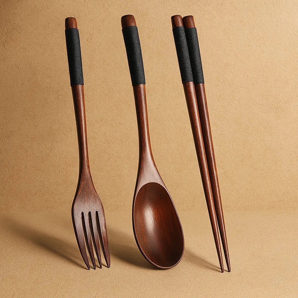 Kit Talheres de Madeira Natural 3 Peças - Luci Express