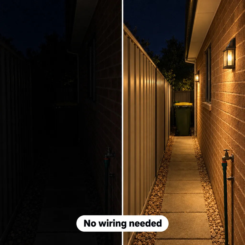 Before and after: dark entrance, then lit by the solar wall light