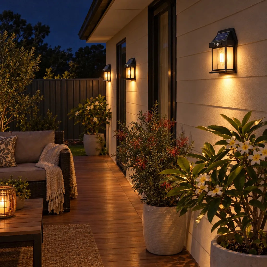 Solar wall light lighting a path at night