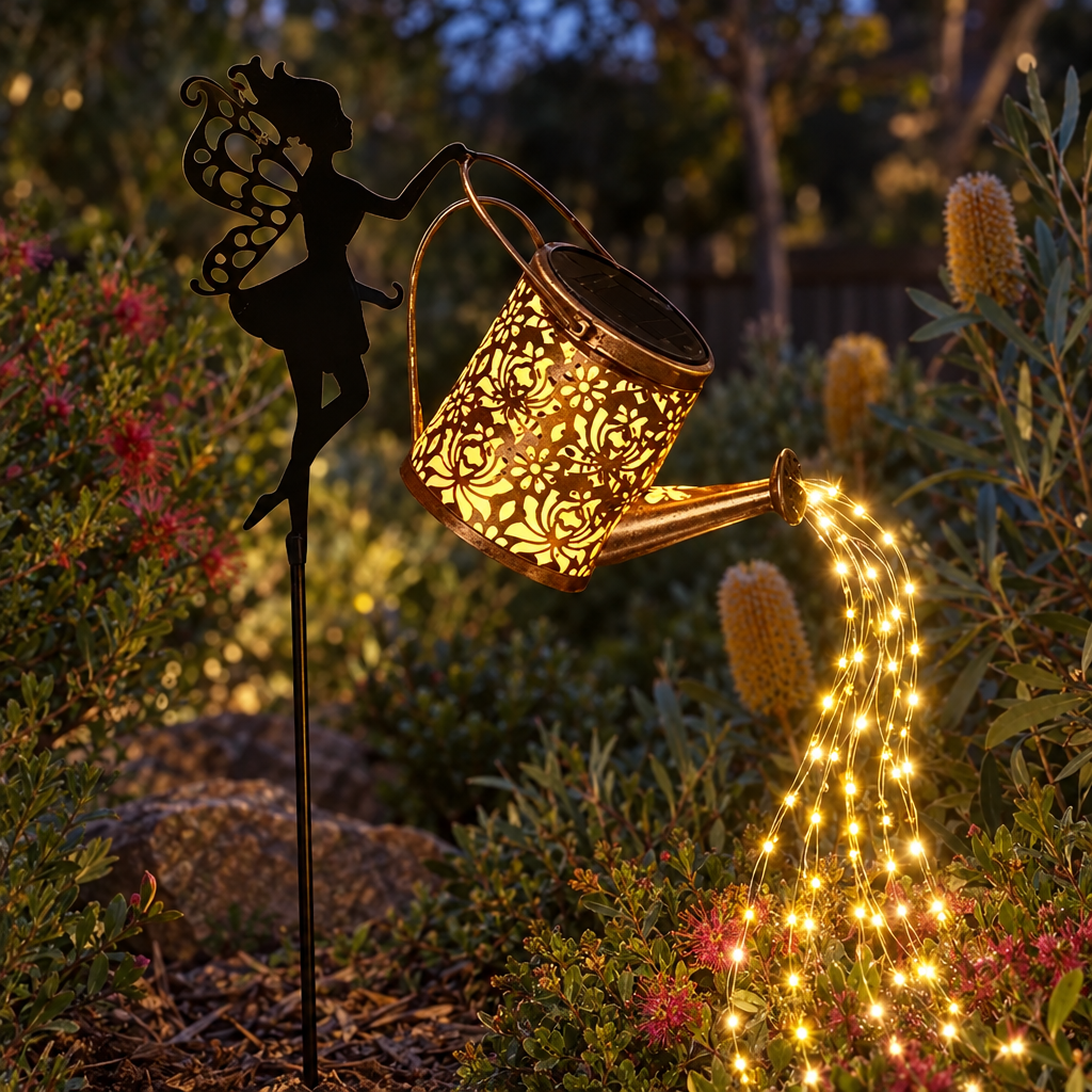 HiLuci Fairy Watering Can solar light glowing in a garden bed at night