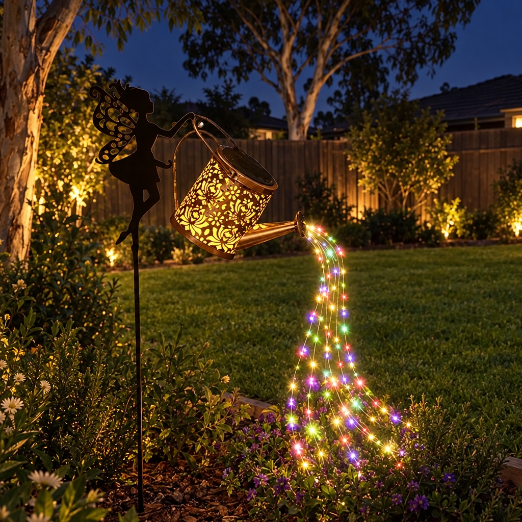 Solar fairy watering can light in an Australian backyard at night