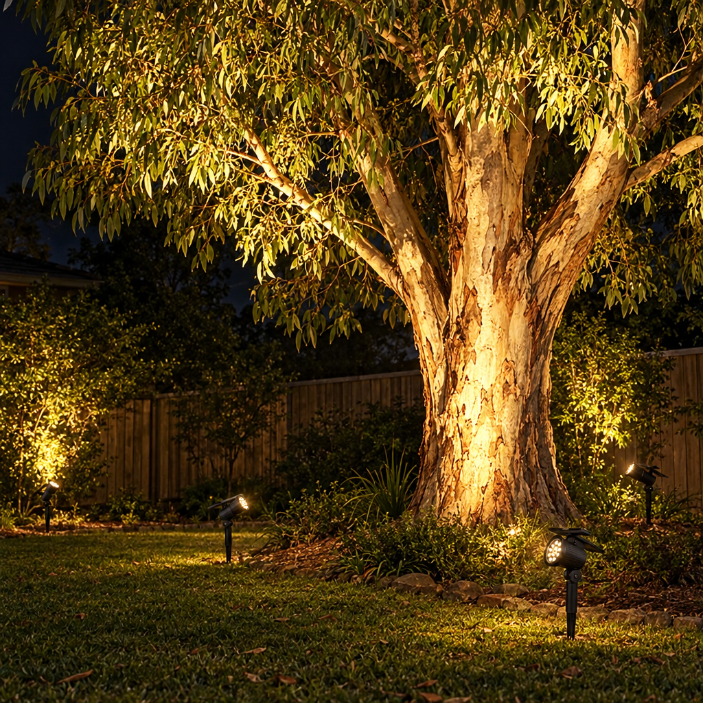 Solar spotlights uplighting a gum tree in an Australian backyard