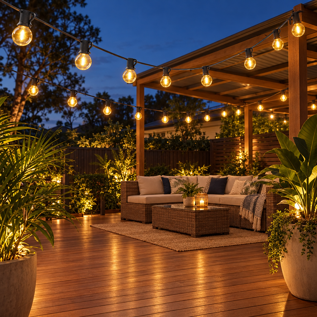 Solar globe festoon lights over an Australian timber deck at night