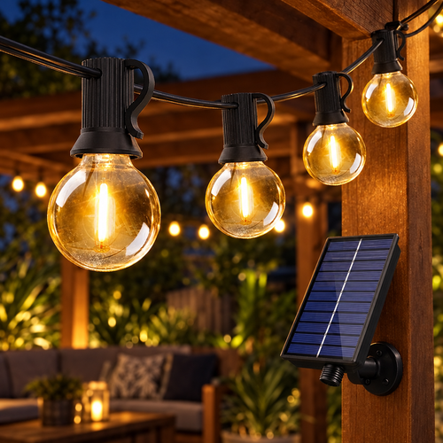 HiLuci Globe Festoon Lights glowing on a timber pergola at night