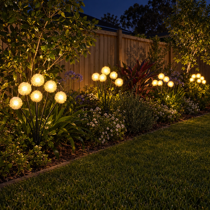 Solar dandelion lights in an Australian backyard garden bed at night