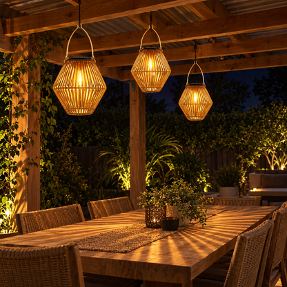 Solar rattan lanterns hanging over an outdoor dining table
