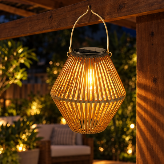 HiLuci Rattan Lantern glowing under a pergola at night