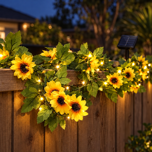 HiLuci Vine String Lights with sunflowers glowing on a fence at night