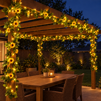Solar vine string lights wrapped around a pergola at night