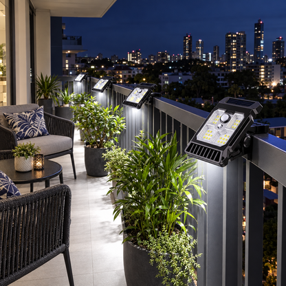 Clip-on solar sensor lights along an apartment balcony railing