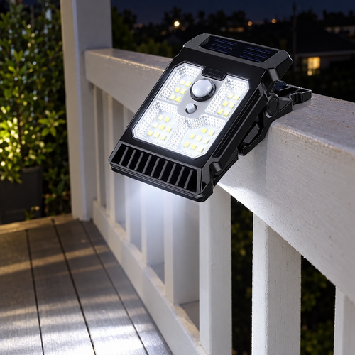 HiLuci Clip-On Sensor Light on a balcony railing at night