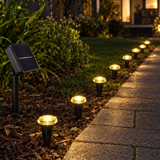 HiLuci Path Marker Lights lining a garden path at night
