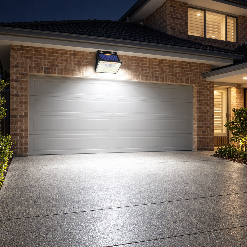 Solar security light above a garage lighting the driveway