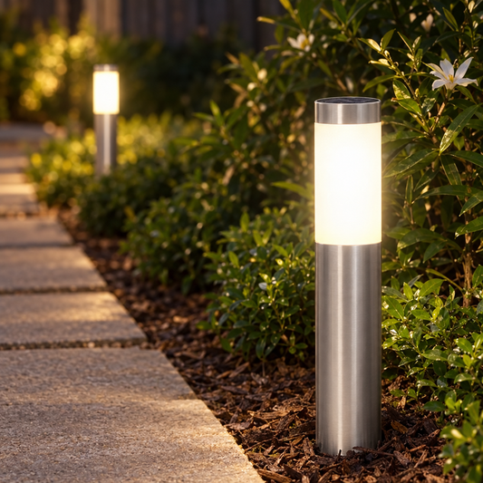 HiLuci Bollard Path Light glowing beside a garden path at night