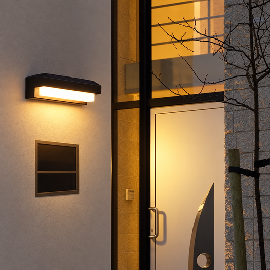 HiLuci Wall Bar Light beside a front door at night