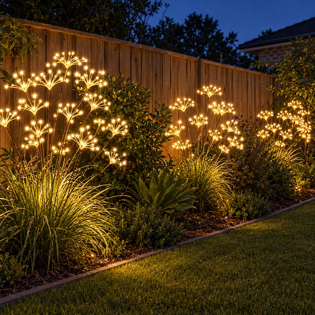 Solar starburst firework lights along a backyard garden bed