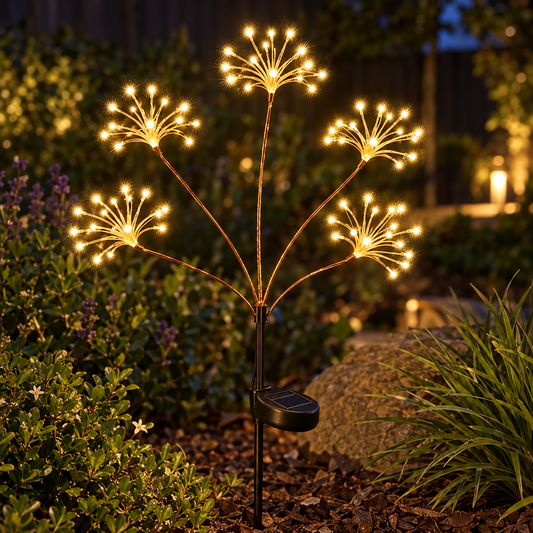 HiLuci Starburst Lights glowing like fireworks in a garden bed