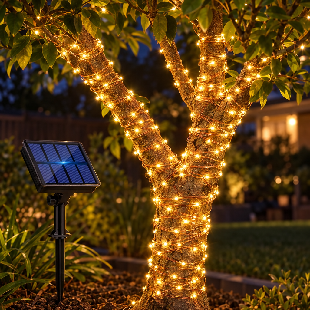 HiLuci Fairy String Lights wrapped around a tree at night