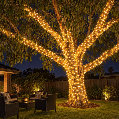 Large backyard tree wrapped in solar fairy lights