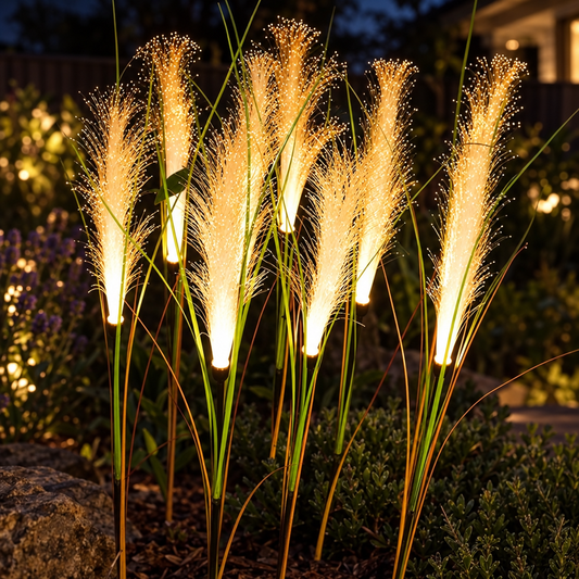 HiLuci Pampas Grass Lights glowing in a garden bed at night