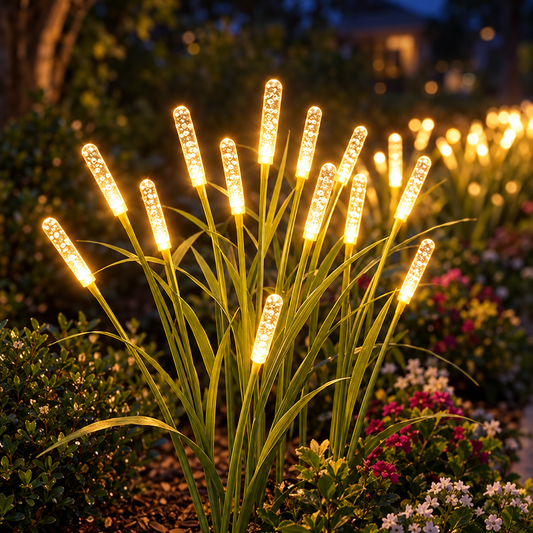 HiLuci Swaying Reed Light glowing in a garden bed at night