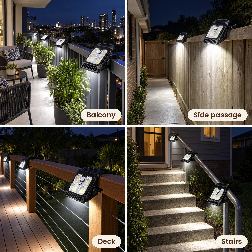 Clip-on sensor lights on a balcony, side passage, deck and stairs
