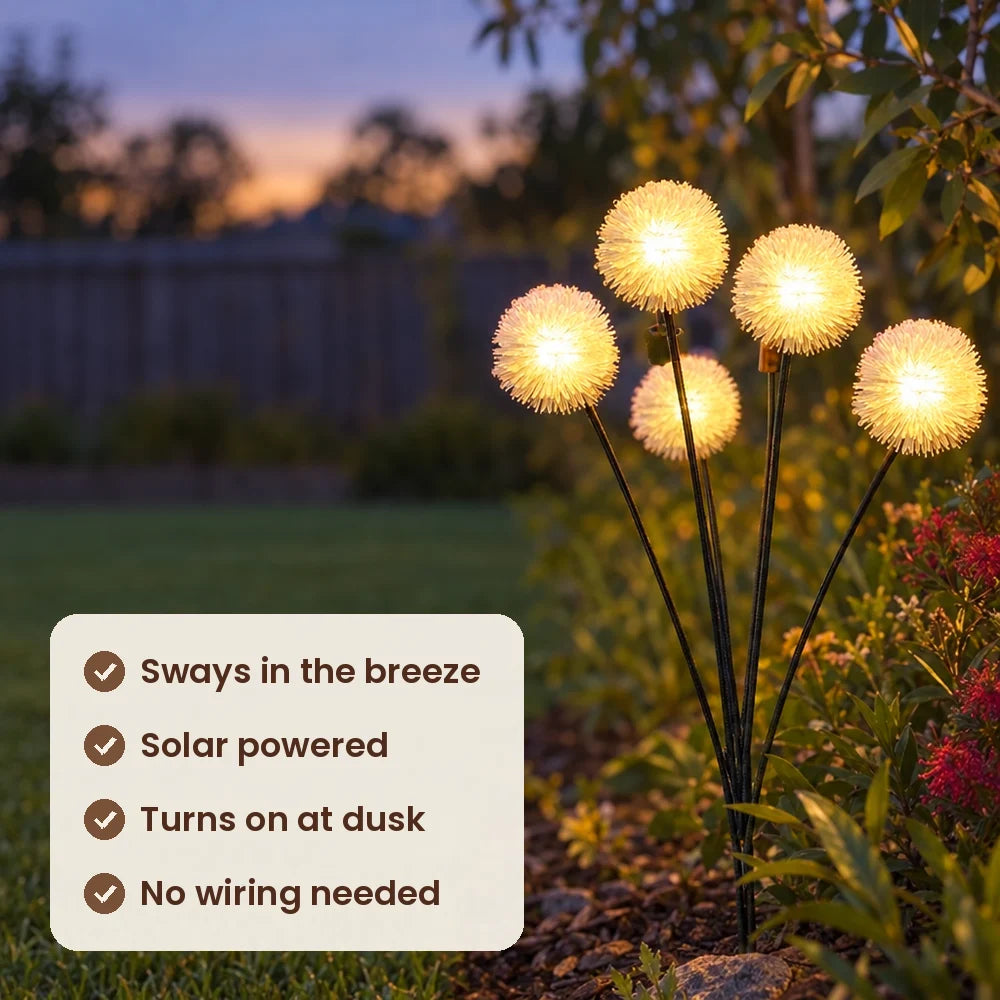 HiLuci Dandelion Lights features: sways in the breeze, solar powered, turns on at dusk, no wiring needed