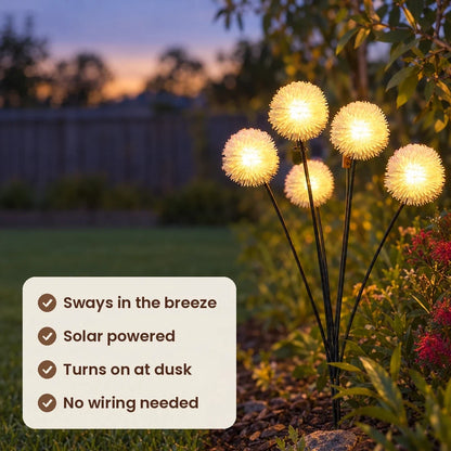 HiLuci Dandelion Lights features: sways in the breeze, solar powered, turns on at dusk, no wiring needed