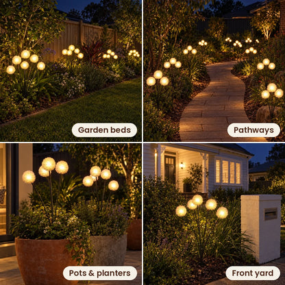 Dandelion lights in garden beds, pathways, pots and the front yard