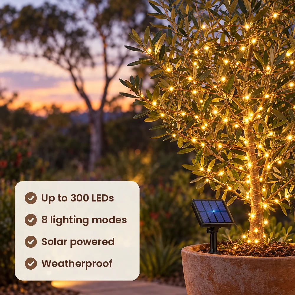 HiLuci Fairy String Lights features: up to 300 LEDs, 8 lighting modes, solar powered, weatherproof