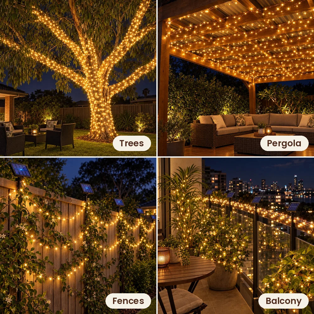 Fairy string lights on trees, a pergola, fences and a balcony