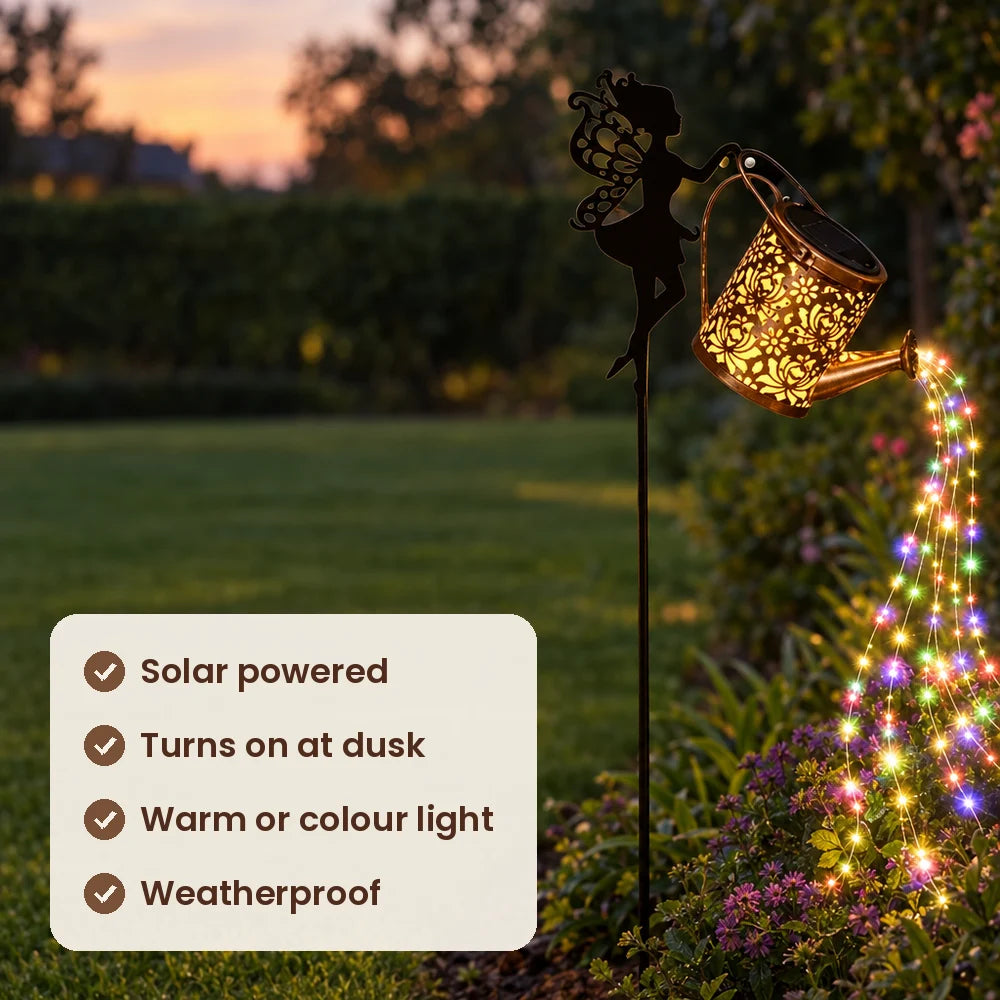 HiLuci Fairy Watering Can features: solar powered, turns on at dusk, warm or colour light, weatherproof