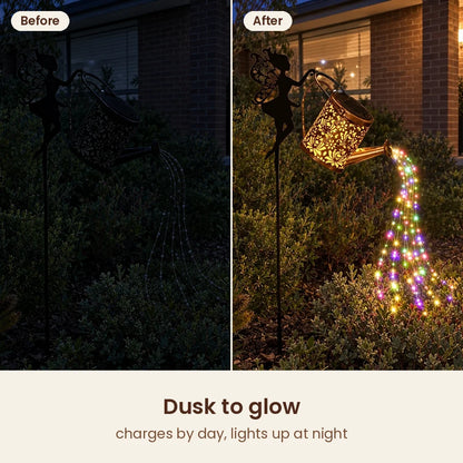 Front garden before and after the HiLuci Fairy Watering Can lights up
