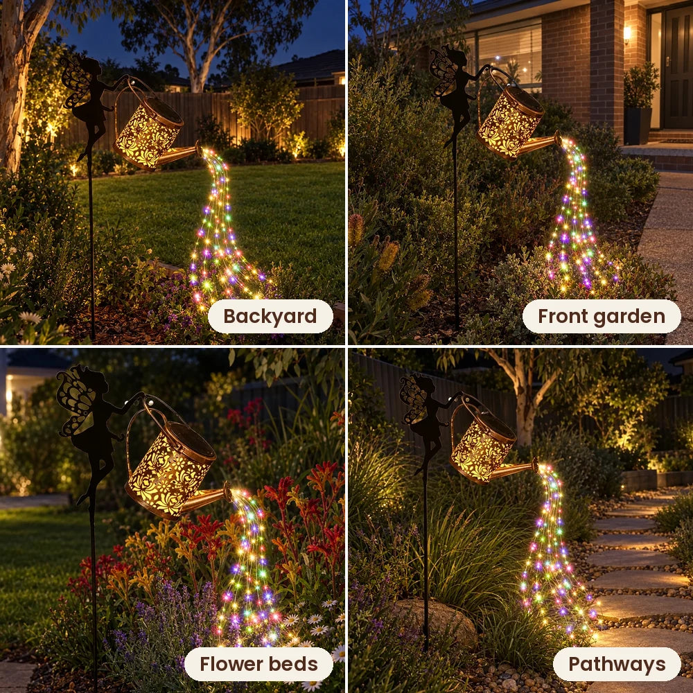 Fairy watering can light in a backyard, front garden, flower bed and pathway