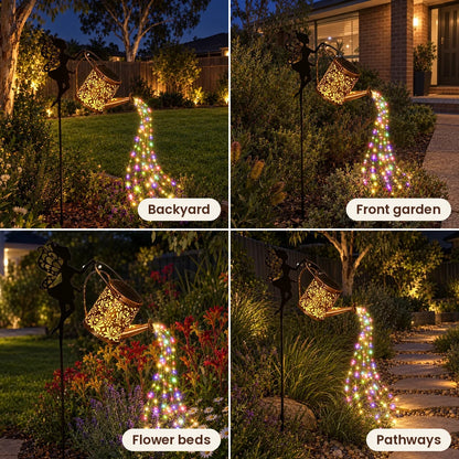 Fairy watering can light in a backyard, front garden, flower bed and pathway