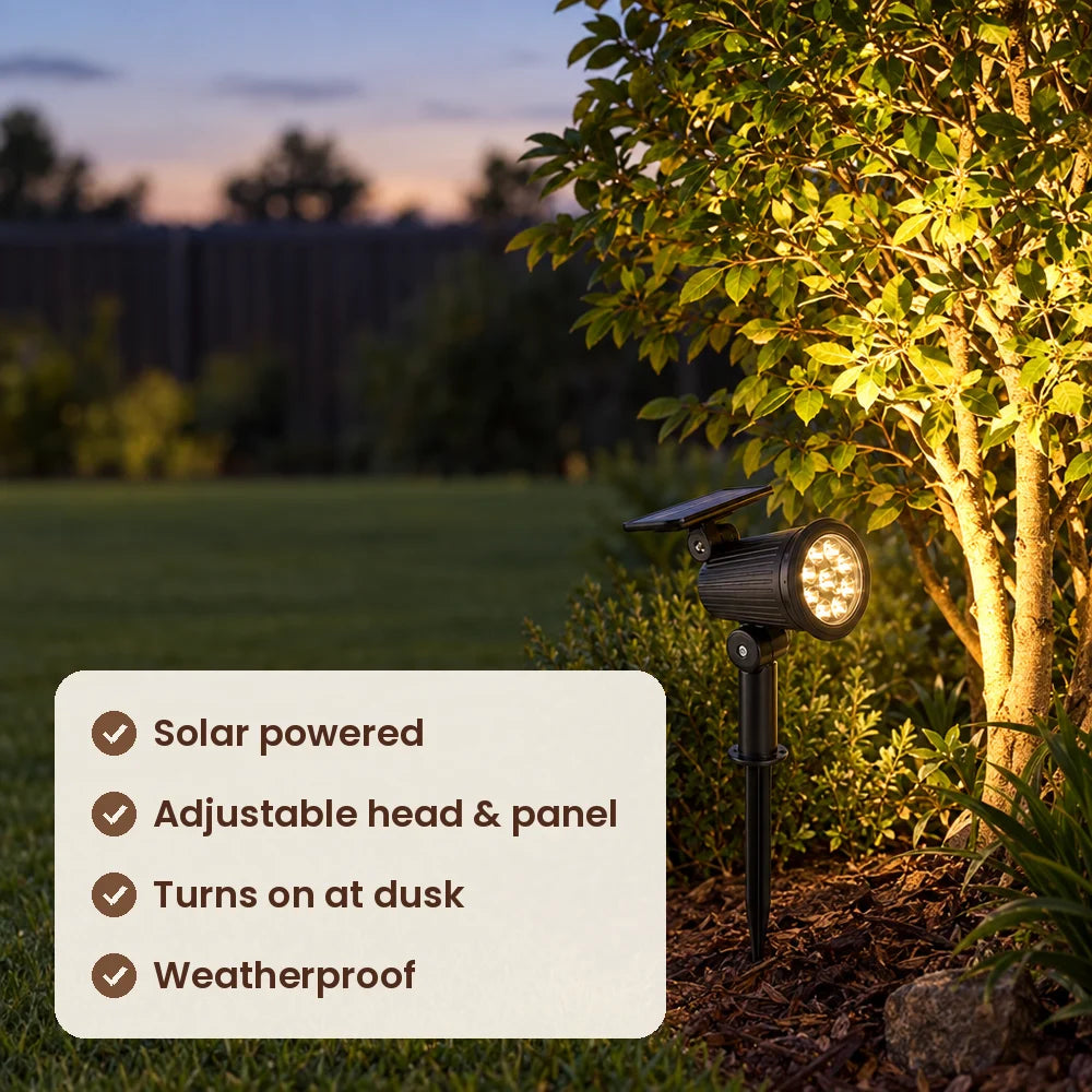 HiLuci Garden Spotlight features: solar powered, adjustable head and panel, turns on at dusk, weatherproof