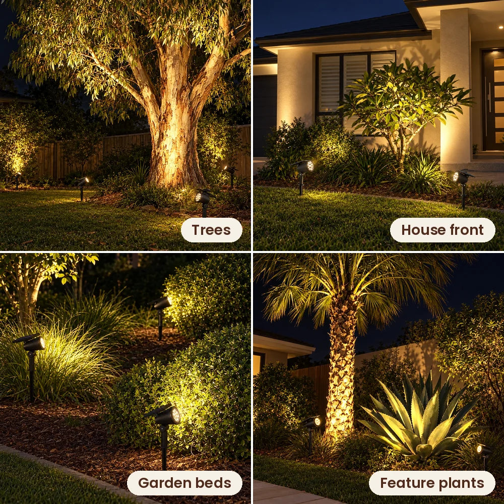 Solar spotlights on trees, house front, garden beds and feature plants