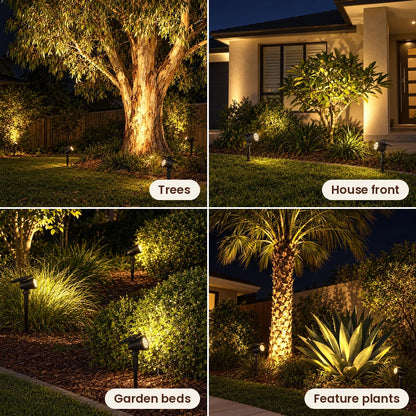 Solar spotlights on trees, house front, garden beds and feature plants