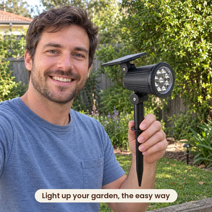 Man holding the HiLuci Garden Spotlight in his backyard