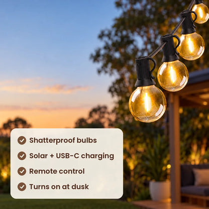 HiLuci Globe Festoon Lights features: shatterproof bulbs, solar and USB-C charging, remote control, turns on at dusk