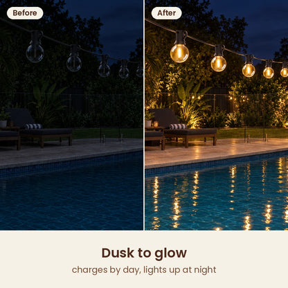Pool area before and after HiLuci Globe Festoon Lights