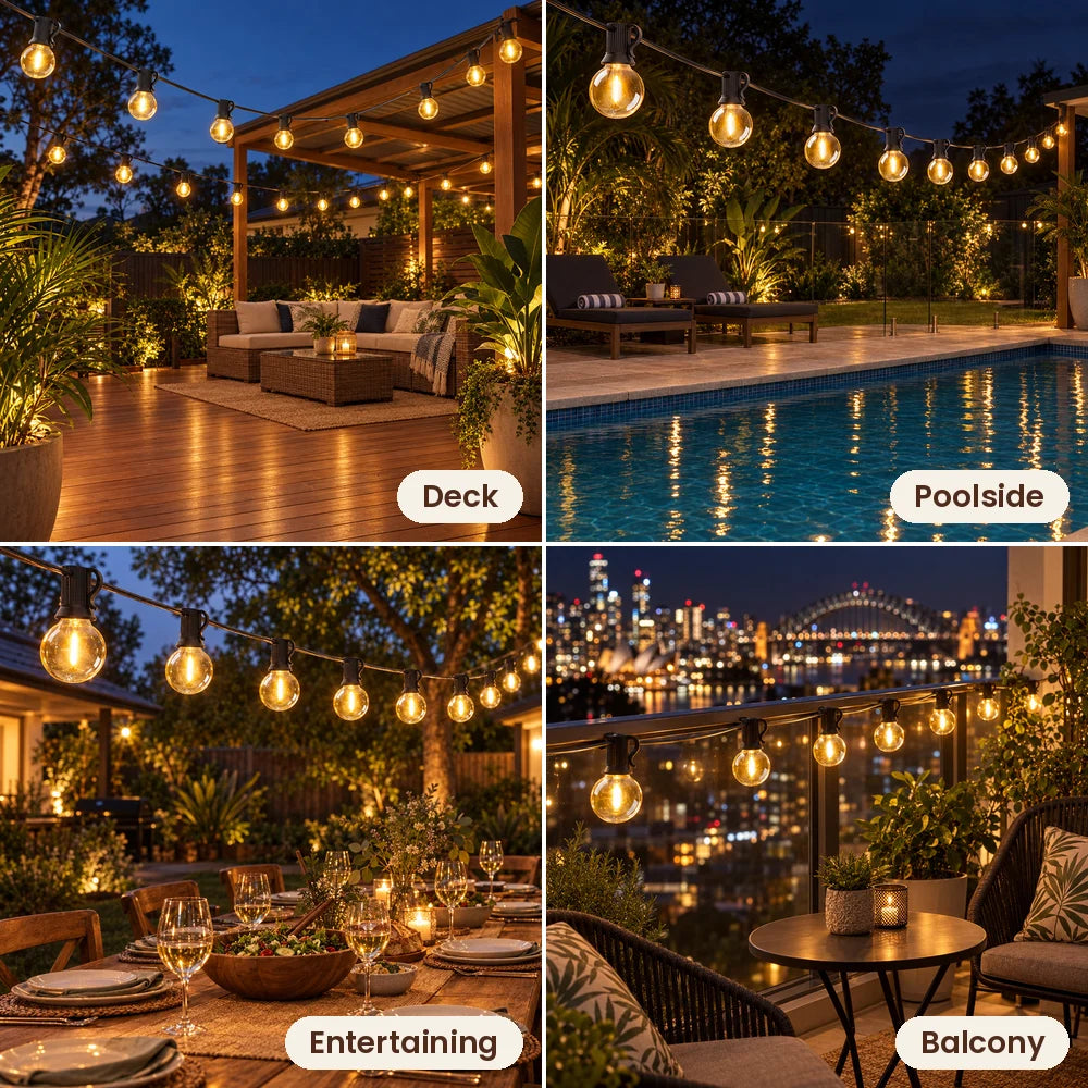 Globe festoon lights on a deck, poolside, dinner table and balcony
