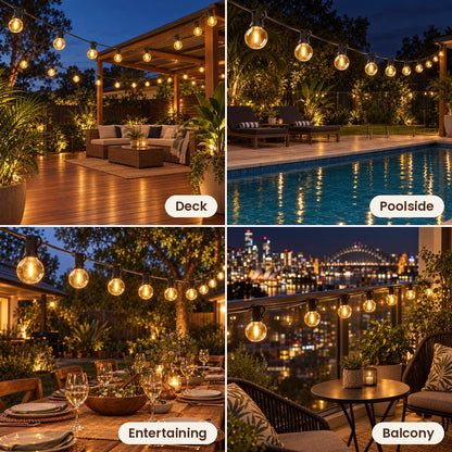Globe festoon lights on a deck, poolside, dinner table and balcony
