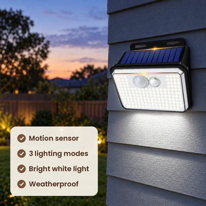 HiLuci Motion Security Light features: motion sensor, 3 lighting modes, bright white light, weatherproof