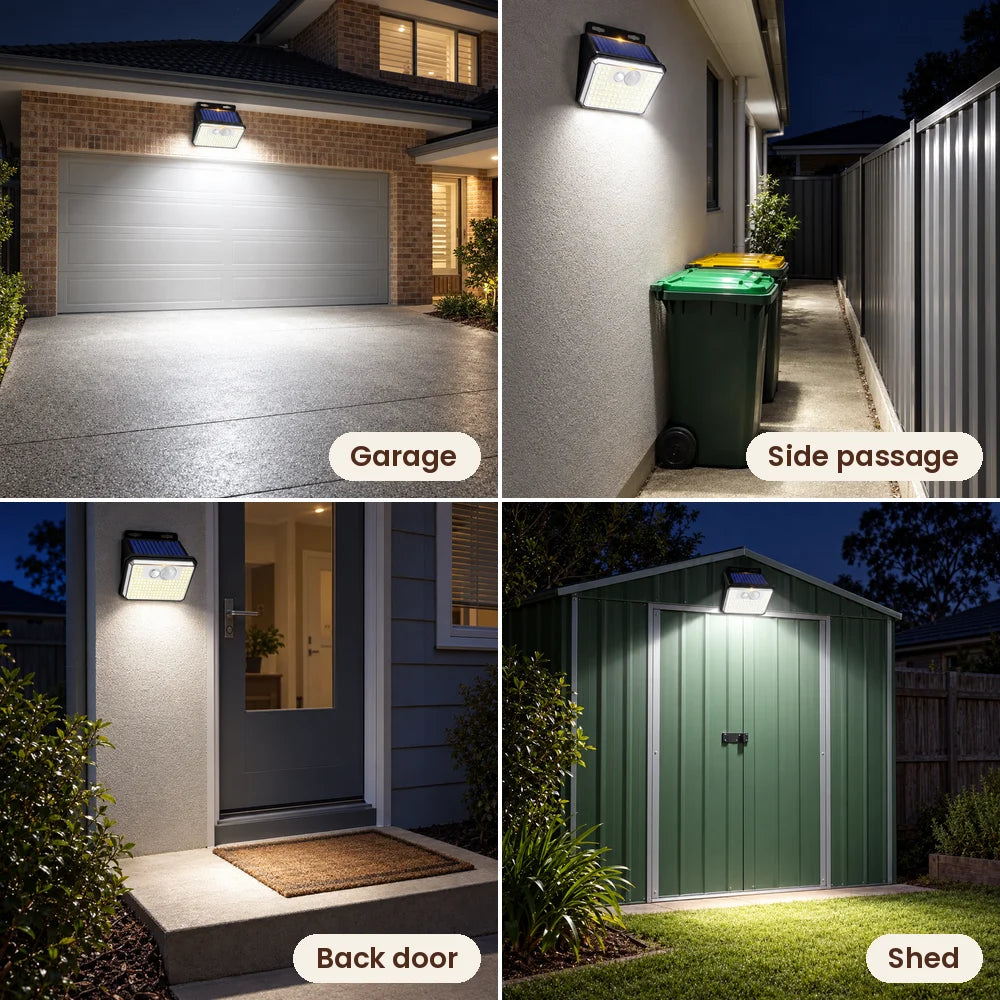 Motion security light on a garage, side passage, back door and shed